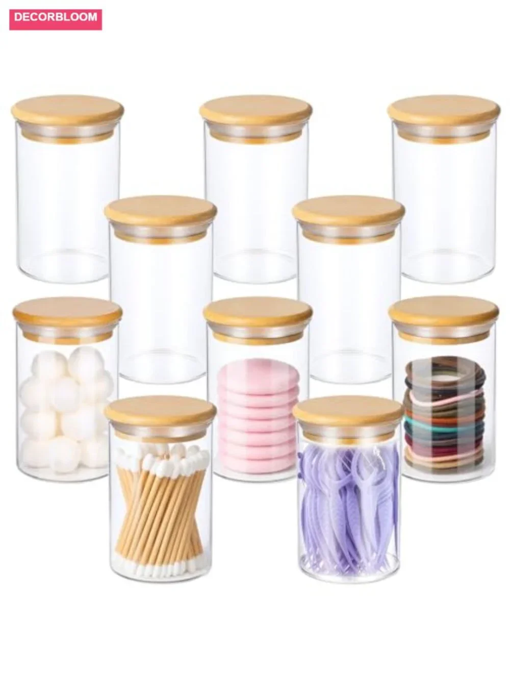 10 Pack Glass Apothecary Jars with Bamboo Lids Bathroom Canisters Vanity
